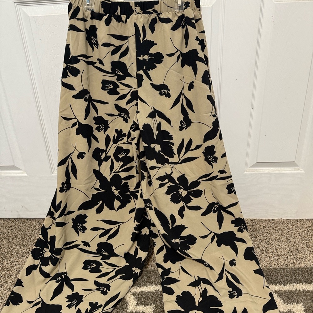 Tan and black floral wide leg office pants